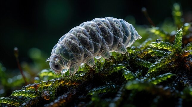Microscopic transparent tardigrade crawls on wet green moss in dark forest. Tiny water bear moves through moist ecosystem habitat. Macro shot shows detailed anatomy of small invertebrate organism in