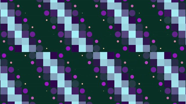 Abstract geometric pattern with moving squares and circles scrolling seamlessly on dark background