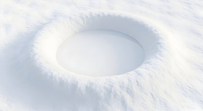 Snowy Circular Depression in a White Landscape Creating a Tranquil and Minimalist Winter Scene