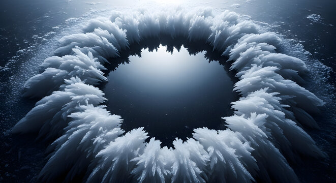 Intricate Frosted Circle Formation on Still Water Surface Reflecting Natural Patterns in a Serene Winter Landscape