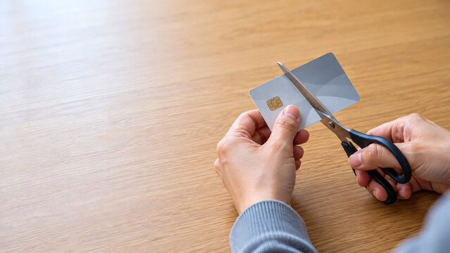 ハサミでクレジットカードを切断して解約準備をする手元
