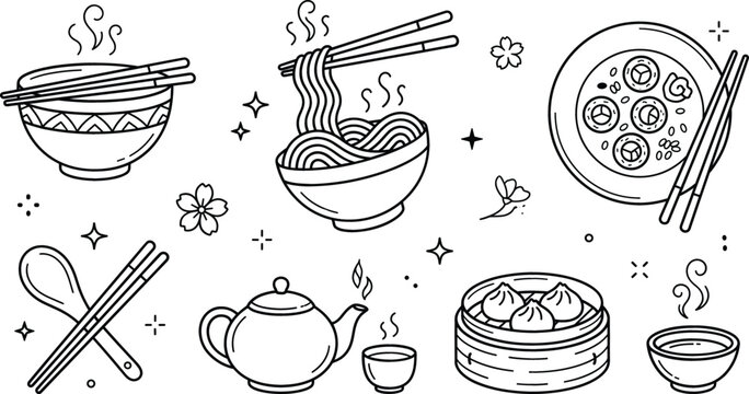 Noodle bowl vector illustration set featuring ramen chopsticks dim sum dumplings and hot tea icons in line art