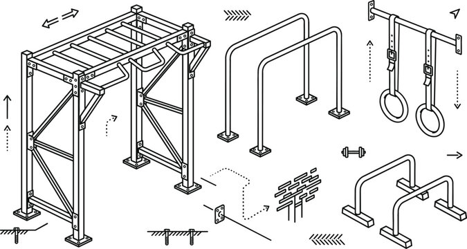 Isometric calisthenics gym vector icon set with monkey bars parallel dip station gymnastic rings and street workout equipment