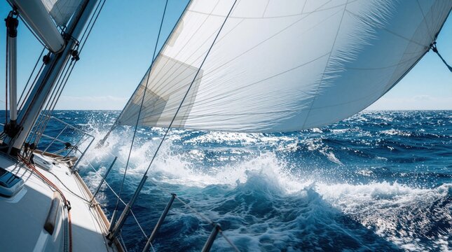 White sail billows in strong wind on bright blue sea. Yacht moves fast through rough ocean waves under sunny sky. Close up view of boat mast, canvas fabric during sailing trip. Marine transport,