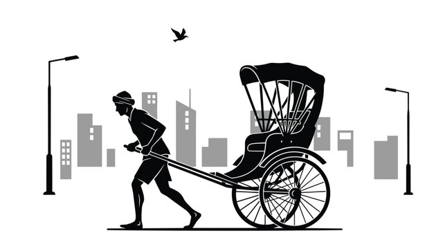 Traditional hand pulled rickshaw driver running through a city skyline under a flying bird in silhouette style.