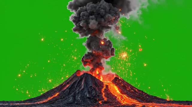 Volcanic eruption with flowing lava and black smoke on green screen background
