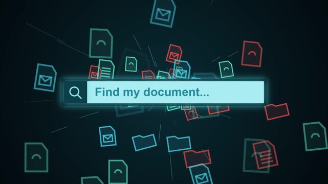 Digital search bar glowing on screen surrounded by flying file icons and folders in cyberspace