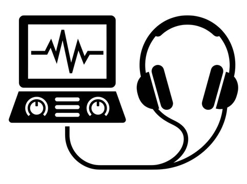 Audio Monitoring and Sound Waveform Analysis Icon with Headphones and Digital Console