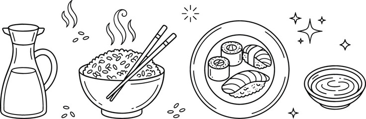 Sushi Japanese food vector illustration set featuring rice bowl chopsticks nigiri maki plate and soy sauce in line art © MST