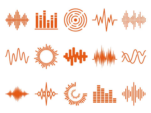 Set of Orange Soundwave and Audio Equalizer Icons, Digital Frequency Waveforms, Voice Recording and Music Pulse Visualization Elements