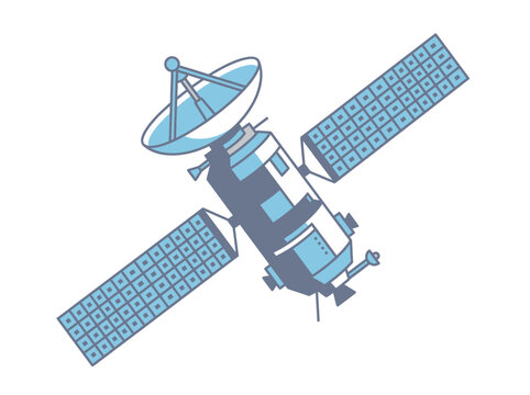 Orbital Communication Satellite with Solar Panels and Parabolic Antenna