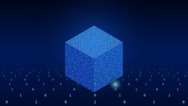 Glowing digital cube rotating smoothly within a futuristic cyberspace network filled with binary code numbers and glowing lights
