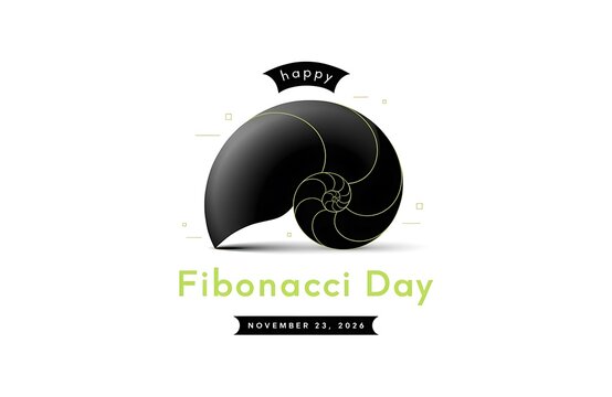 Fibonacci day typography illustration showcasing a nautilus shell spiral silhouette on a clean white background with golden ratio mathematics geometry sequence education