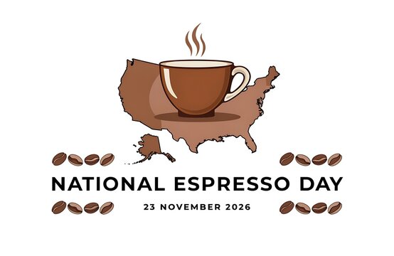 National espresso day celebration design featuring coffee cup on map of america beans united states north white background beverage caffeine illustration