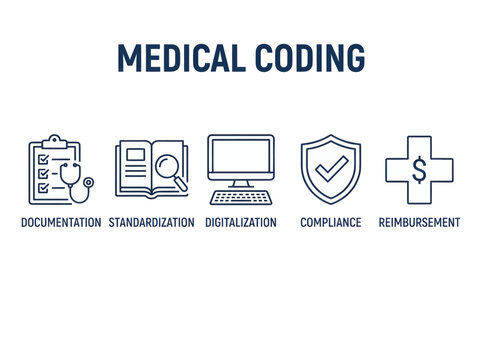 Medical Coding Concept Infographic with Documentation, Standardization, Digitalization, Compliance, and Reimbursement Icons