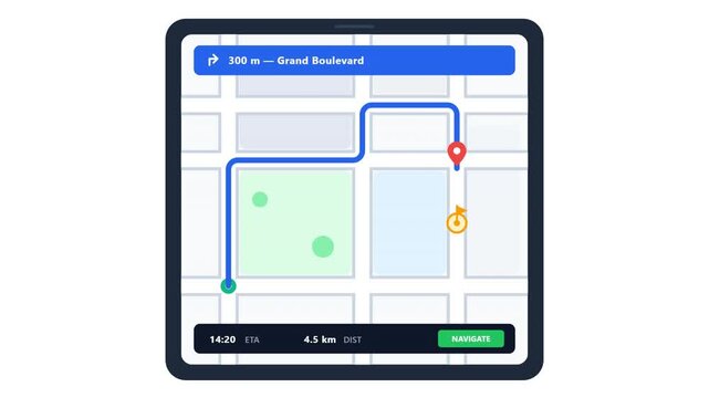 Minimalist flat design animation of a GPS map application. Displays six screens where a blue line tracks a route through grid city blocks with colorful pins. Perfect for technology and travel apps.