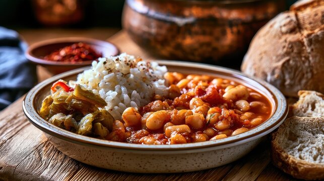 Turkish kuru fasulye with rice and bread on a table