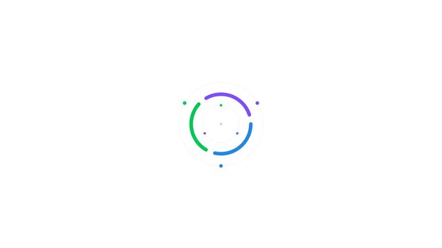 Six multi-colored circular progress bars with rotating segments in green blue and purple. Clean minimalist UI design on a white field. Ideal for web interfaces or app development projects.