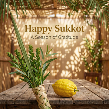 Rustic Sukkot social media post with lulav, etrog, and woven sukkah roofing