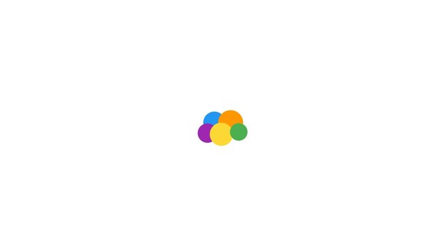 Vibrant clusters of blue yellow green orange and purple circles animate over a clean white background. Ideal for digital presentations and educational motion graphics.