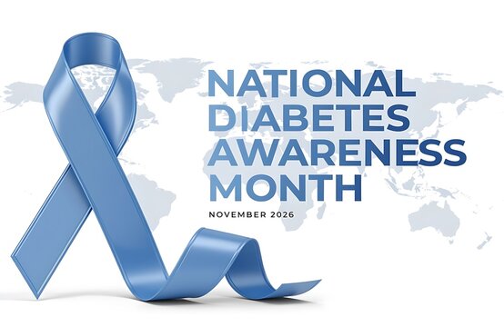 Blue awareness ribbon for diabetes month overlaying a subtle world map design with health medical campaign chronic condition advocacy healthcare prevention education