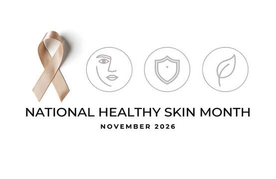 Healthy skin awareness month peach ribbon and icons with care health campaign beauty personal protection disease medical icon body treatment non profit