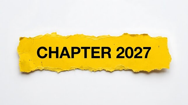 Ripped yellow paper uncovering a black Chapter 2027 greeting on white paper