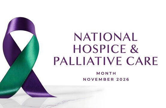Purple and green awareness ribbon for national hospice and palliative care month with support medical end of life patient health advocacy campaign public