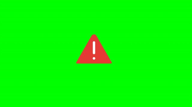 Grid of six red triangular warning symbols with white exclamation marks on a solid chroma key green screen. Perfect for video overlays and system error notifications.