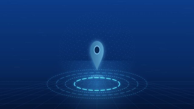 Glowing digital map pin marker rotating above futuristic concentric circles inside a virtual cyber space environment