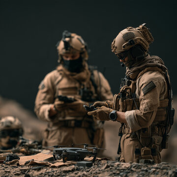 Soldiers in desert gear operate a tactical drone. Focused and alert, they coordinate mission parameters. Camouflage blends with arid terrain under muted light. Ideal for military, security