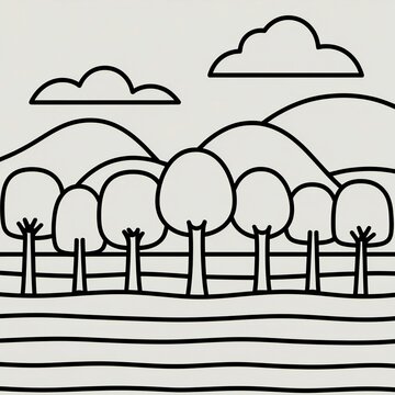 Simple line drawing of a stylized forest landscape with rolling hills and clouds