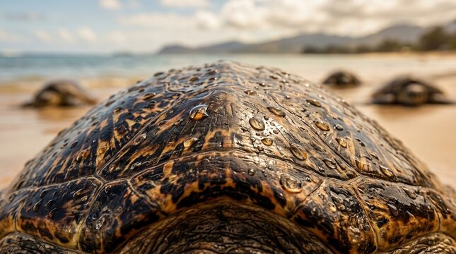 Close-up macro view of a wild sea turtle shell with wet texture resting on a sandy tropical beach during a sunny day
