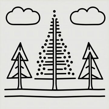 Minimalist line art illustration of trees and clouds in a simple landscape