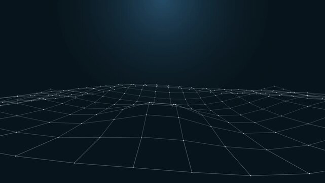 Digital wireframe grid moving dynamically across dark blue virtual space creating abstract sci fi technological landscapes