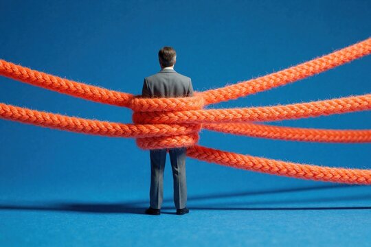 Small businessman figure tied with thick orange ropes. Executive trapped in corporate conflict, business pressure. Concept of pro stress, mental struggle, stuck in difficult situation. Man