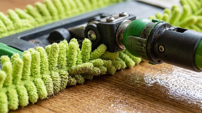 Green microfiber dust mop cleaning a wooden floor surface up close