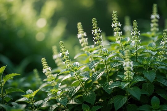 Close up of holy basil plant with small white flowers in green garden. Ocimum tenuiflorum herb grows in summer sun. Aromatic tulsi leaves, blooming blossoms create natural herbal background for
