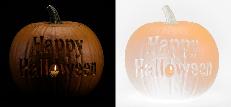 Carved pumpkin with happy halloween text and candle light isolated on transparent background