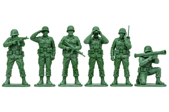 Set of six green plastic toy soldiers in various combat poses isolated on a white background