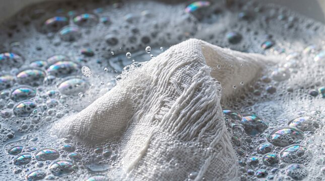White fabric soaking in soapy water with bubbles during laundry time