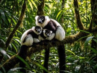 Naklejka premium Three black, white ruffed lemurs sit on mossy tree branch in tropical rainforest. Family of rare primates rest in green jungle. Wild animals look forward in Madagascar forest habitat among rich