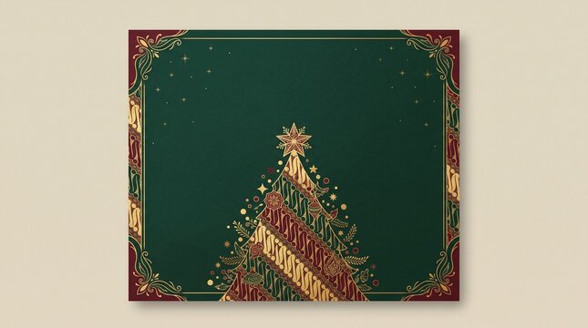 Batik Christmas card template with gold parang pattern tree, green and burgundy background, ornate frame, copy space
