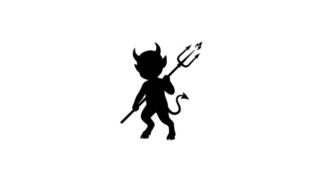 Black silhouette of a little devil with horns and a pitchfork for Halloween