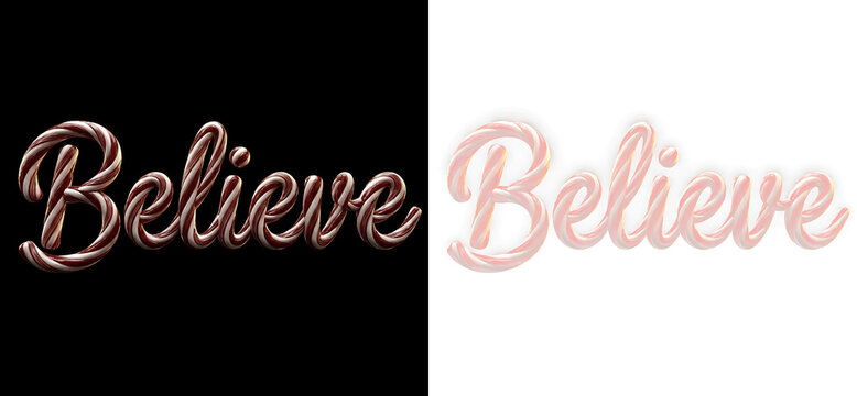 Believe word written in candy cane style text isolated on transparent background