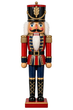 Traditional wooden nutcracker soldier figurine standing on a red base against a white background