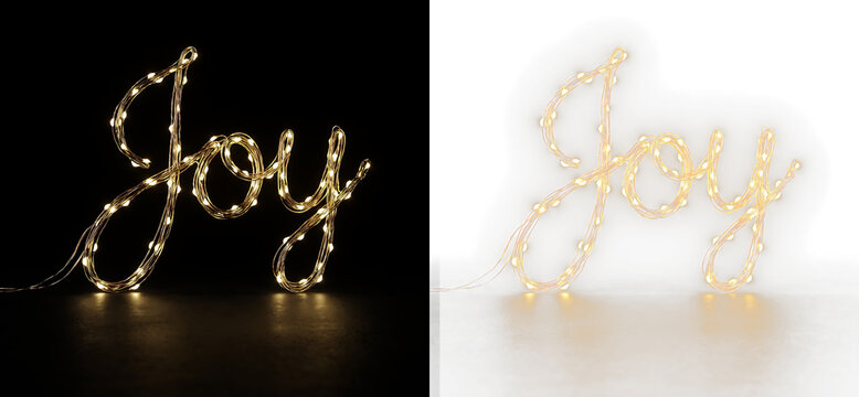 Illuminated joy sign made of fairy lights isolated on transparent background
