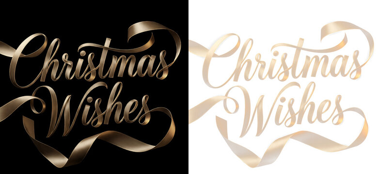 Christmas wishes calligraphy with golden ribbon isolated on transparent background