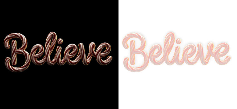 3d candy cane text believe isolated on transparent background