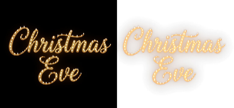 Christmas eve lettering with glowing warm fairy lights isolated on transparent background